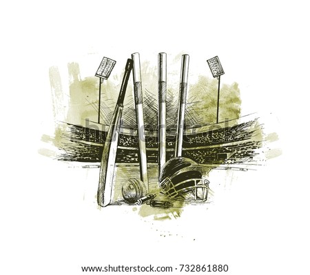Cricket stadium with ball bell freehand sketch graphic design, vector illustration 