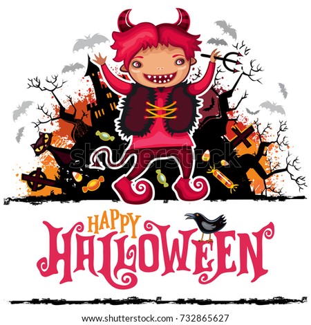 Halloween vector card. Teenage boy wearing devil celebration costume with horns, cat, grunge design elements with texture stains, Happy Halloween lettering, flying ghosts, bats, haunted castle, tree.