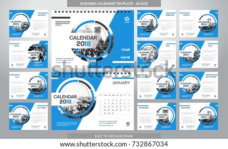 Desk Calendar 2018 template - 12 months included - A5 Size - Art Brush Theme Royalty-Free Stock Photo #732867034