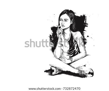 Thinking serious young woman, Hand Drawn Sketch Vector illustration. 