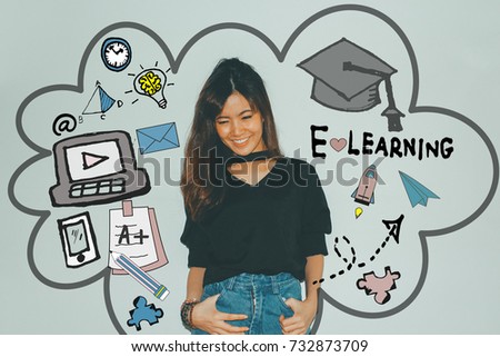 E-Learning and digital lifestyle Concept. Young Asian Business woman standing  with education and E-learning illustration doodles background