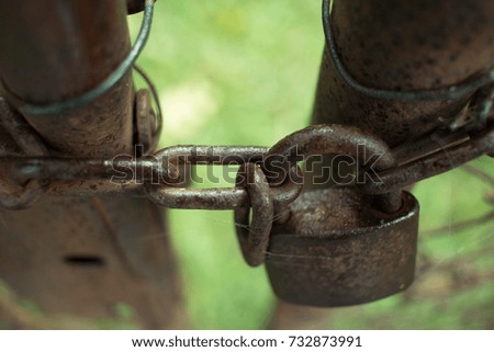 Old Brown Lock On The Chain. Close Up Image