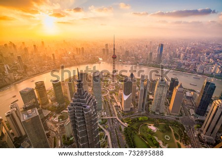 View of downtown Shanghai skyline at sunset in China