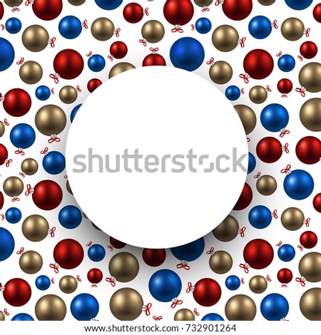 White round New Year background with colorful Christmas balls. Vector illustration.