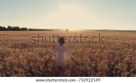 Aerial photography Girl running cross the wheat field at sunset. Slow motion, high speed camera