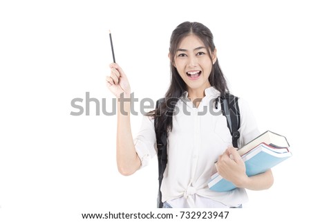 Portrait of Beautiful Young Asian Woman student holding book with attractive smiling isolated on white, Woman with Education Concept.