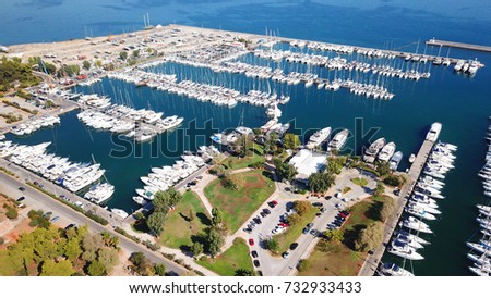 Aerial birds eye view photo taken by drone of city and port of Phaleron, Attica, Greece