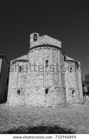 San Leo (Forli Cesena, Emilia Romagna, Italy): the historic town at morning, church. black and white