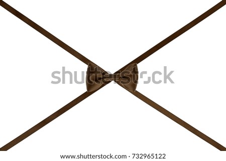 Single chocolate silk bow with cross two ribbons on white background