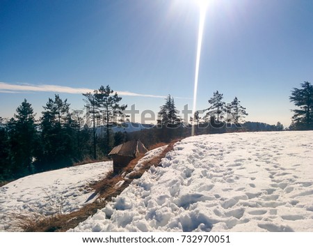 a hut in the middle of snow, trees, blue sky and the reflection of sun rays in one picture for wallpaper.