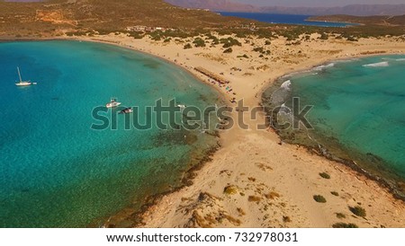 Spring 2017: Aerial birds eye view photo taken by drone of tropical seascape and beach of Simos, Elafonisos island, Peloponnese, Greece