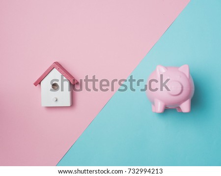 Piggy Bank Money Saving Finance Concept.Piggy bank pink on colour background.top view flat lay style.