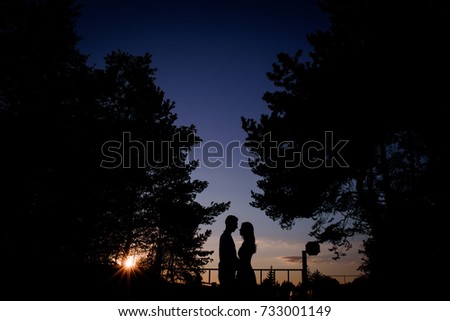 Silhouettes of a couple standing in the evening lights