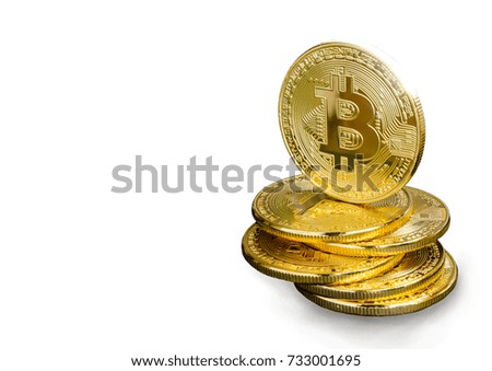 Stack of golden Bitcoin coins on a white background