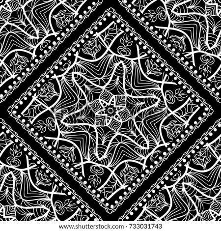 Decorative seamless pattern with lace floral ornament. Vector illustration. Black, white. For fashion print, wallpaper, tablecloth
