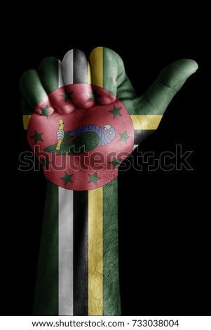 Flags written on hands dominica, dominica Flag, dominica counter, Hand with thumbs, yes symbol,