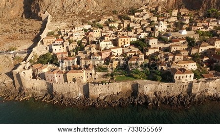 Aerial birds eye view photo taken by drone of fortified medieval castle of Monemavasia, Lakonia, Peloponnese, Greece