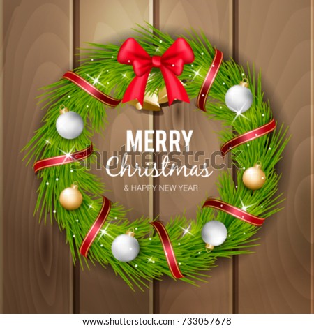 Realistic Christmas wreath with balls and a bell. Vector illustration of a Christmas wreath on a wooden background.