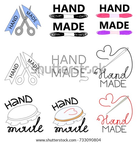 Set of logos for workshop sewing contours and color. Handmade embroidery, needlework. Hand drawing. Vector illustration.