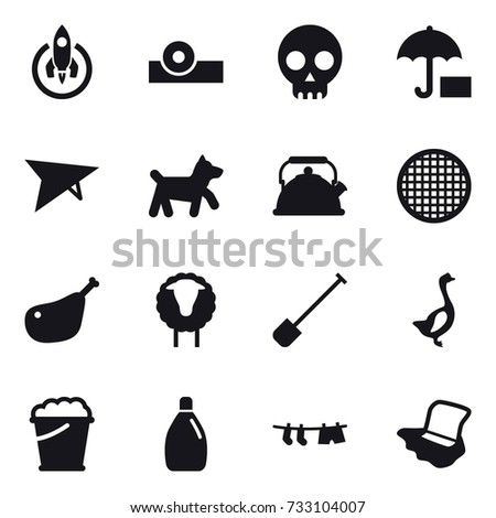 16 vector icon set : rocket, deltaplane, dog, kettle, sheep, shovel, goose, foam bucket, cleanser, drying clothe, floor washing