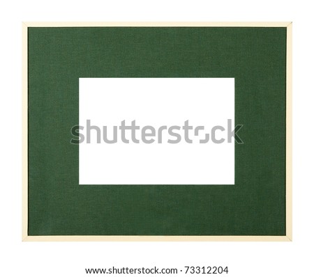 Modern style pale yellow picture frame with dark green textured matte, cut out over white background