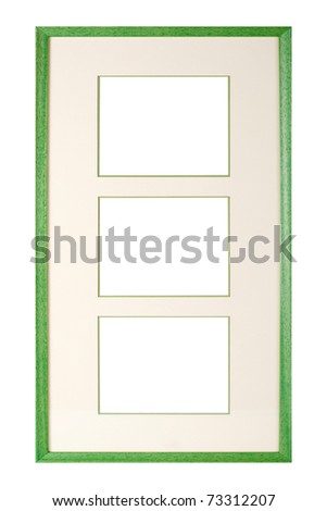 Modern style green wooden picture frame with cardboard matte, cut out over white background