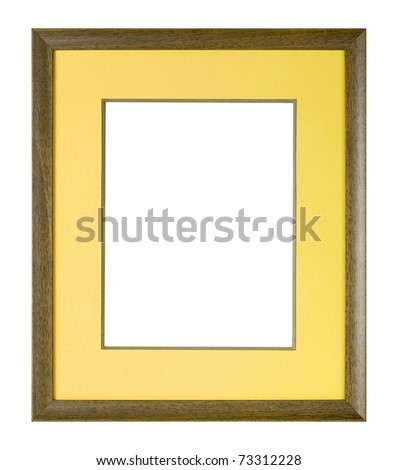Modern style brown wooden picture frame with yellow cardboard matte, cut out over white background