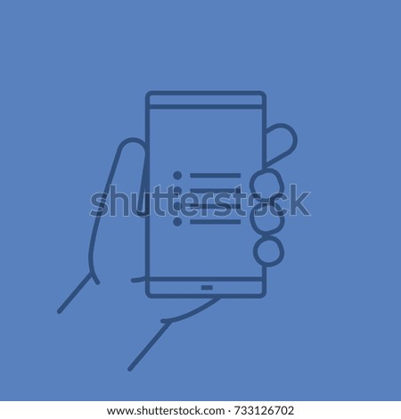 Hand holding smartphone linear icon. Smart phone menu app. Thin line outline symbols on color background. Raster illustration