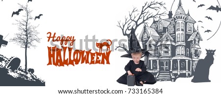 Halloween. Cheerful little witch. Funny child girl in witch costume for Halloween 
