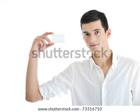 portrait of young businessman with empty business card isolated on white background
