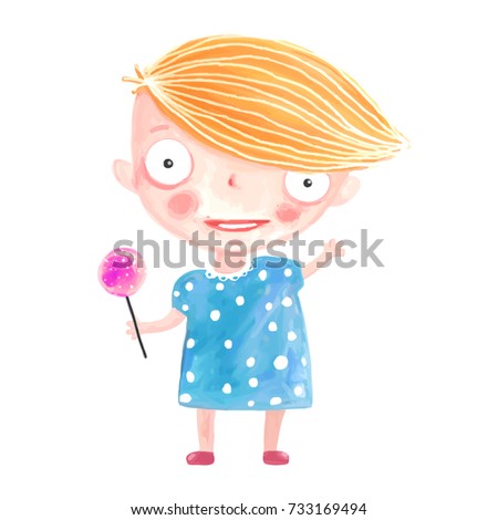 Little Girl with Candy. Hand drawn acrylic happy funny girl, isolated. Vector cartoon.