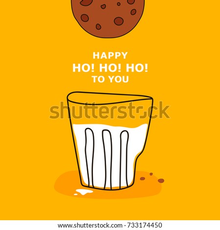 Cartoon greeting poster with glass of white milk, cookies and text "HAPPY HO! HO! HO! TO YOU" on yellow background. Funny Christmas vector illustration