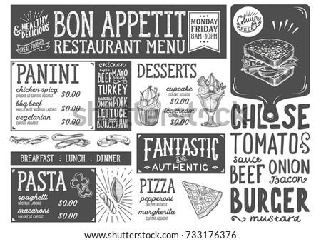 Food menu for restaurant and cafe. Design template with hand-drawn graphic illustrations.