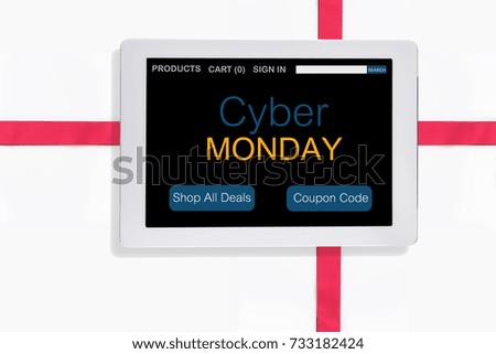 Online shopping website with cyber monday word on computer tablet screen