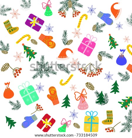 Pattern with snowflakes, winter holiday elements. Vector illustration