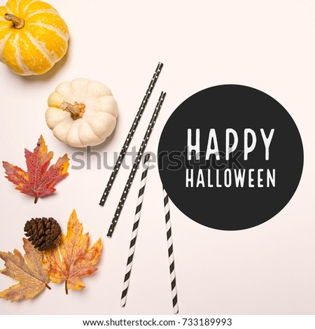 Inspirational motivation quote about happy halloween on decoration pumpkins and autumn leaf with black straw, celebration and festive concept 