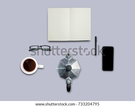 Look up view, Flat lay style, Working desk with working equipment coffee and moka pot epresso machine. isolated on pastel background with Clipping path.