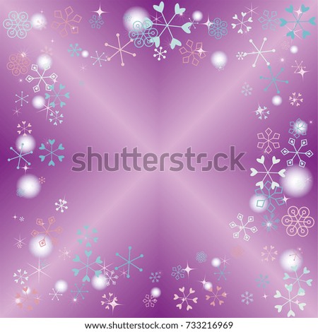 Round frame or border Christmas background with random scatter falling colorful snowflakes, blurred lights and sparkles on a lilac gradient background
