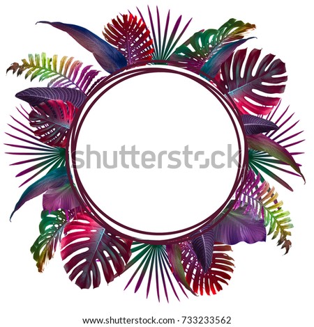 Colorful summer tropical background with exotic palm leaves, free space for your text