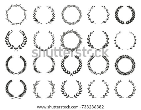 Collection of different black and white silhouette circular laurel foliate, wheat and oak wreaths depicting an award, achievement, heraldry, nobility. Vector illustration. Royalty-Free Stock Photo #733236382