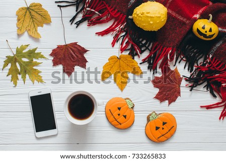 Autumn Halloween composition: smartphone, coffee, leaf, pumpkin, plaid and gingerbread.