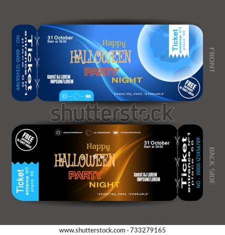 Vector ticket to Happy Halloween night party with blue full moon, waves, stripes, stamp, text on the gradient dark blue and brown background.