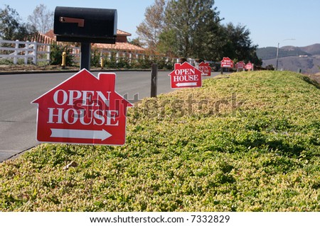 Open House Signs in a row along a rural street.