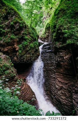 Beautiful waterfall. Waterfalls of the Rufabgo River, Russia