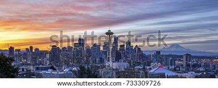 Seattle skyline and Mt. Rainier (Washington State) as seen from Kerry Park at sunrise.