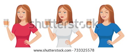 Pretty cute brown-haired girl holding a paper coffee cup template isolated on white background. Different emotions: serious, smiling, winking. Vector illustration