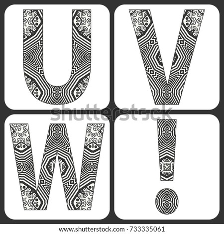 Vector alphabet, capital letters with geometric linear ornament. Isolated design elements for scrapbooks, Invitations or Cards, fabric or paper print. Black and white