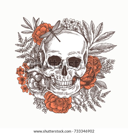 Floral human skull. Tattoo anatomy vintage illustration. Vector illustration