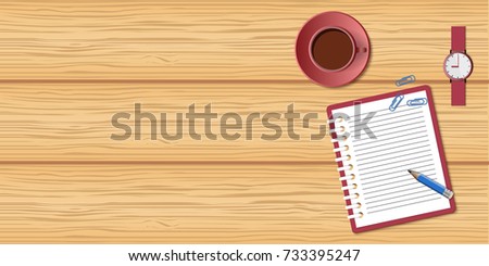 Flat concept of business morning, breaktime, coffee time. Top view the wood desktop with open spiral notebook, wristwatch, and cup of coffee. Wood mockup with empty space.