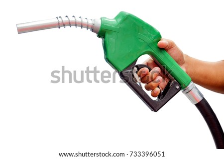 Right hands of men who were holding an automatic nozzle to make refill oil, isolated on white background Royalty-Free Stock Photo #733396051